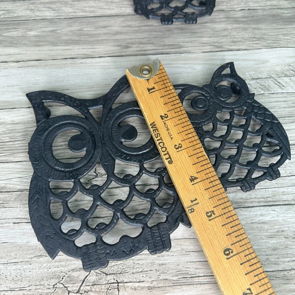 Vintage Owl Trivet Set Cast Iron Taiwan Kitchy Bird Decor Cottage Rustic Goth
